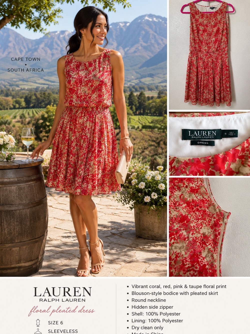 Lauren Ralph Lauren Red and Cream Floral Blouson Midi Dress